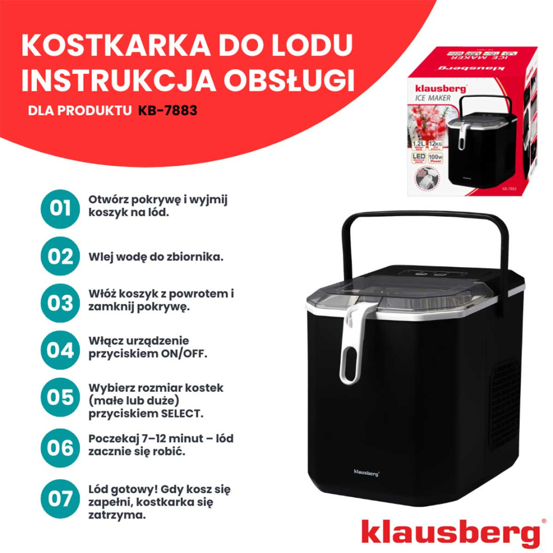 AUTOMATYCZNA KOSTKARKA DO LODU 1,2L 100W KLAUSBERG KB-7883